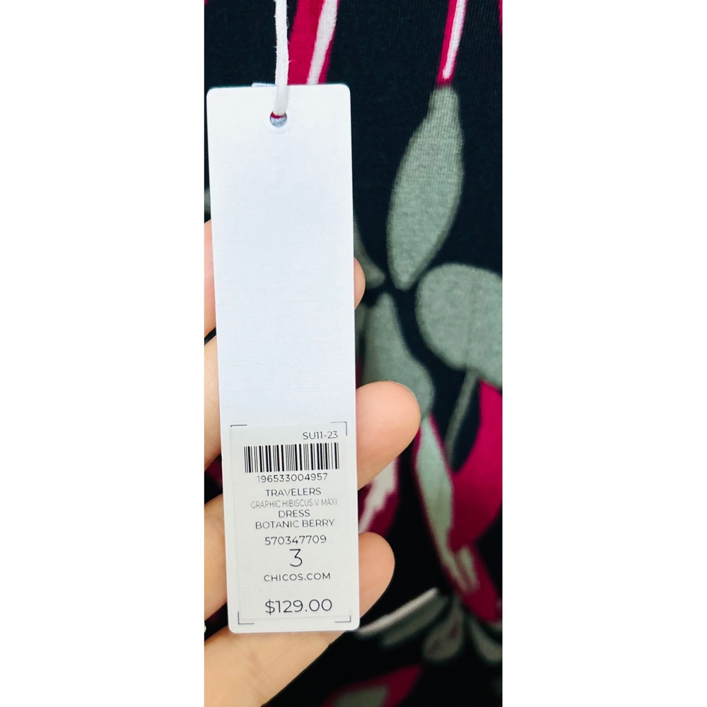 NWT Chicos Travelers Graphic Blossoms V Neck Midi Dress Botanic Berry Size 3 /XL - Picture 4 of 9
